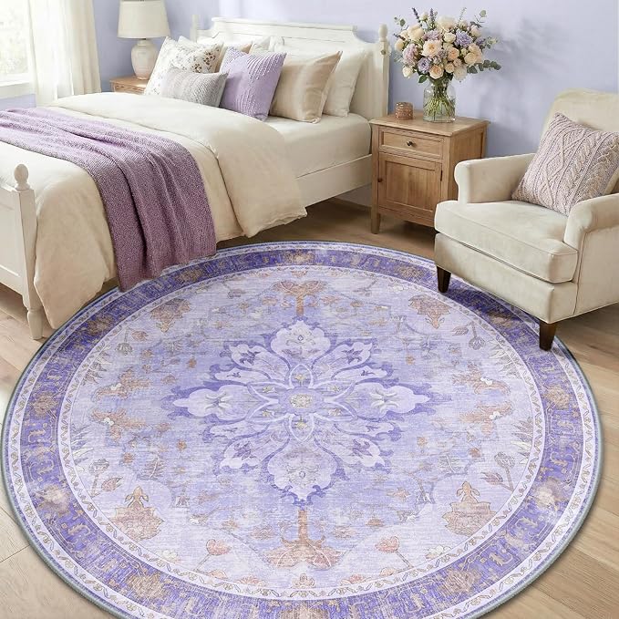 RELEANY Area Rugs 6ft Washable Non-Slip, Floral Vintage Distress Print Pattern Medallion Carpet for Living Room Bedroom Dining Room, Light Purple Brown