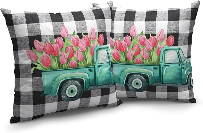 Spring Tulip Pillow Covers 18x18 Set of 2 Vintage Truck with Pink Tulip Floral Throw Pillow Covers Black and White Buffalo Plaid Cushion Case for Farmhouse Living Room Sofa