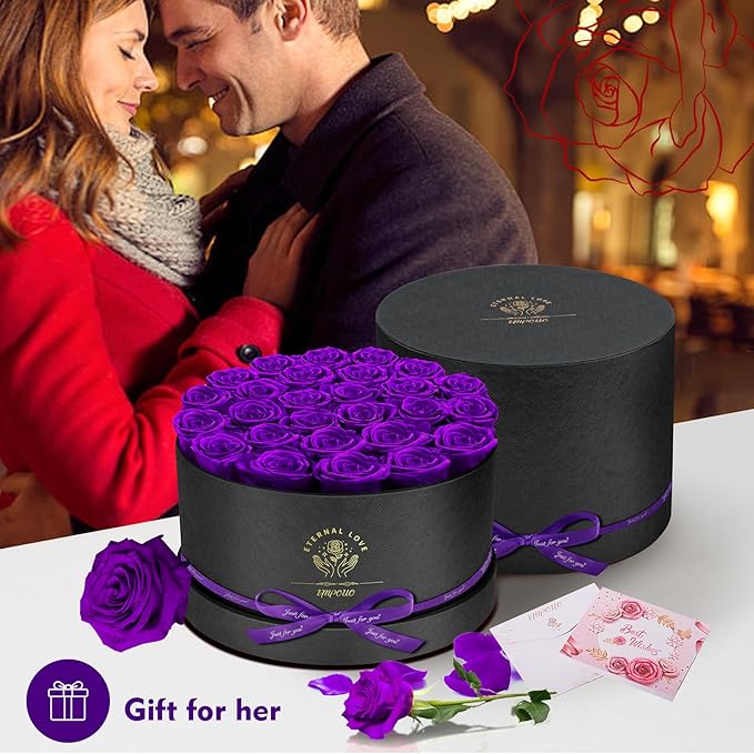 Impouo Forever Flowers, 27 Roses in A Box, Real Preserved Roses, Birthday Gift for Women, Mother's Day, Anniversary, Purple Rose