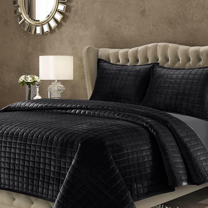 Tribeca Living Luxury Velvet Quilt Twin Size Set - 260GSM Ultra-Soft Oversized Velvet Bedspread Comforter Set with 1 Sham, in Florence Black