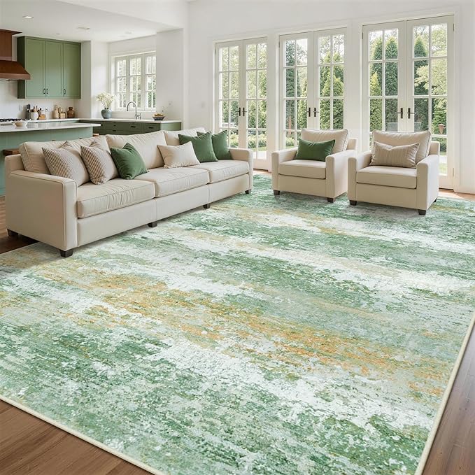 10x14 Area Rugs for Living Room Rug Washable: Abstract Large Rug Indoor Modern Carpet Non Slip for Dining Room Bedroom Nursery Home Office Green