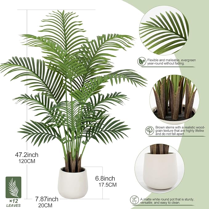 4ft Artificial Palm Tree Tall Faux Palm Tree Indoor Large Fake Plants with 12 Trunks Artificial Plants with White Pot Lifelike Leaves for Home Office Decor Living Rooms Bedrooms