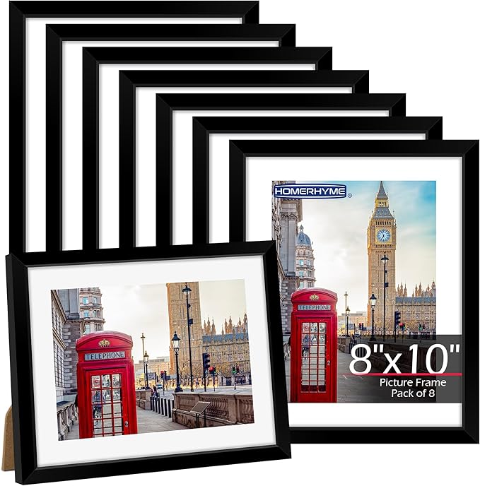 8x10 Picture Frame Set of 8, Black Photo Frames for Tabletop or Wall Display, Fits Pictures 5x7 with Mat or 8x10 Without Mat, Frame Collage with HD Plexiglass for Gallery Home Wall Decor