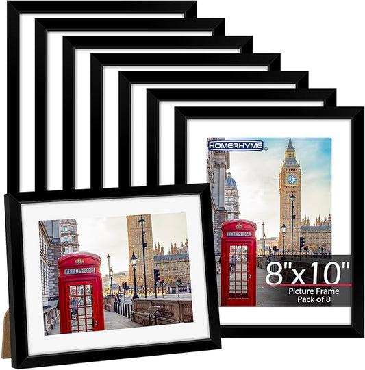 8x10 Picture Frame Set of 8, Black Photo Frames for Tabletop or Wall Display, Fits Pictures 5x7 with Mat or 8x10 Without Mat, Frame Collage with HD Plexiglass for Gallery Home Wall Decor