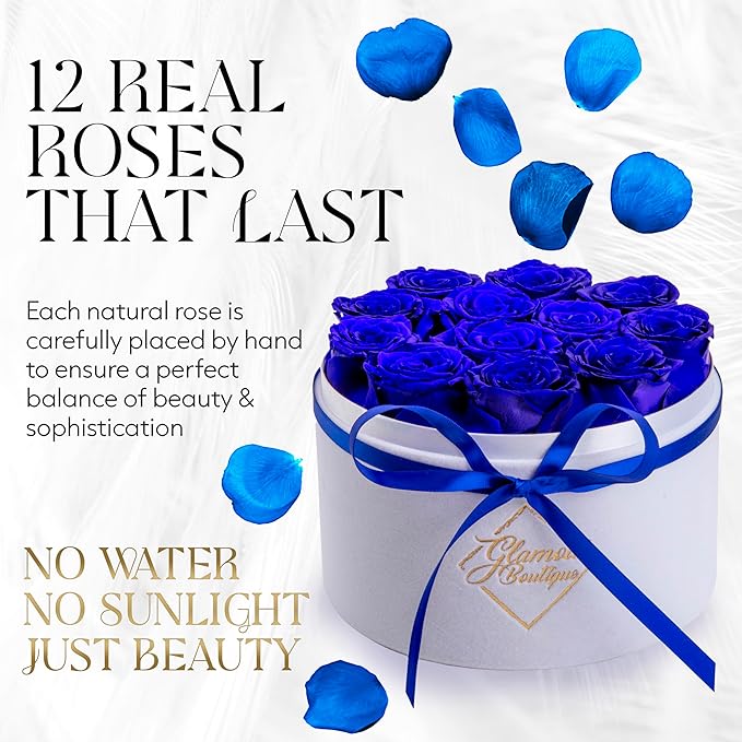 GLAMOUR BOUTIQUE Flower Forever Gift Box, 12 Real Preserved Roses in Round Velvet White Box, Handmade Floral Gift with Rose Petals for Birthday, Anniversary or Graduation, Blue (Color-Treated)