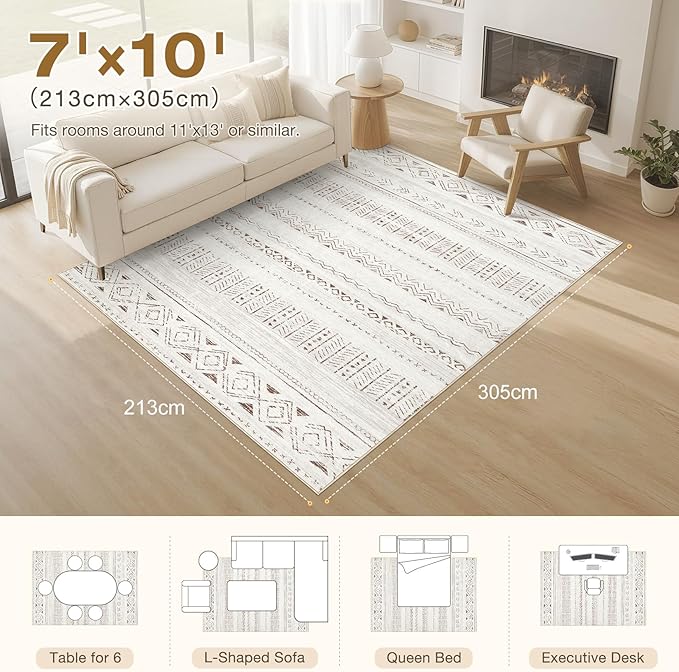 cotiled 7x10 Area Rug Living Room: Washable Boho Rugs with Non Slip Backing Large Soft Indoor Stain Resistant Carpet for Bedroom Farmhouse Dining Room Lightweight Home Decor L Brown/Cream