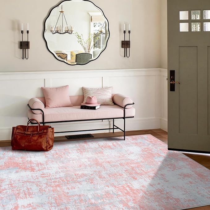 Pink Rug Carpet 6x9 Area Rugs for Bedroom Girls: Washable Modern Rug for Living Room Dining Room Non Slip Low Pile 6 by 9 Indoor Abstract Home Office