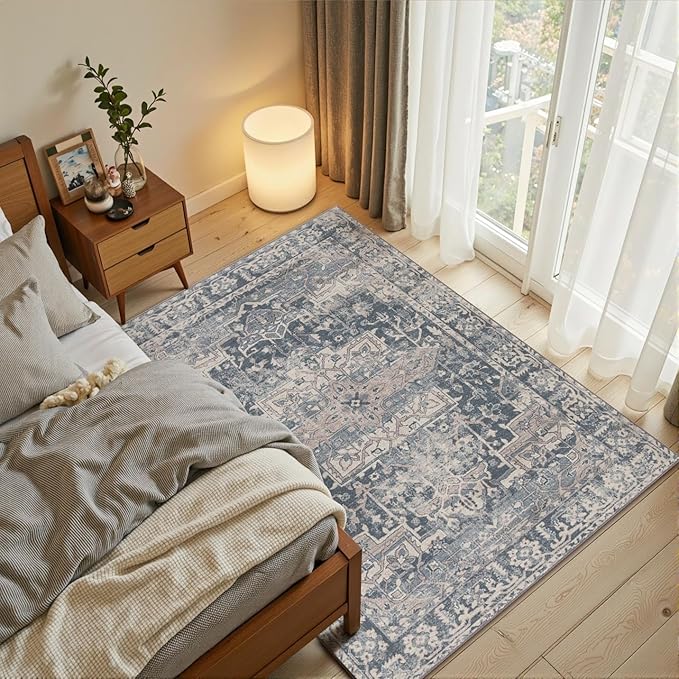 Rugxara 3x5 Rug for Entryway Bedroom, Blue 3x5 Washable Area Rug, Vintage Retro Boho Throw Rug, Non Slip & Low Pile Small Carpet for Indoor Kitchen, Bedside, Living Room, Bathroom and Dining