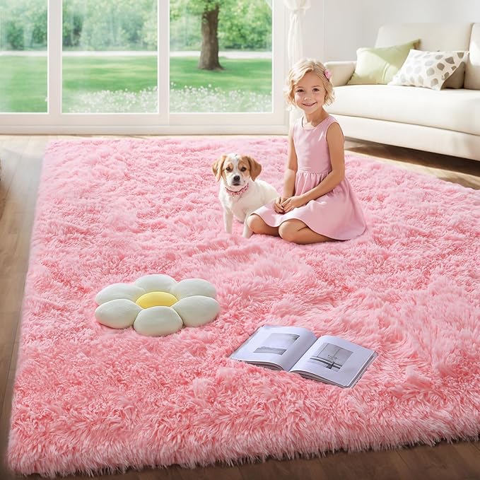 KICHOWUA Thick Area Rugs 6x9 Pink Fluffy Shag for Girls Bedroom, Soft Plush Fuzzy Washable Thickened Non-Slip Large Carpet for Living Room, Modern Shaggy Furry Rugs for Toddler Nursery Kids Dorm Room