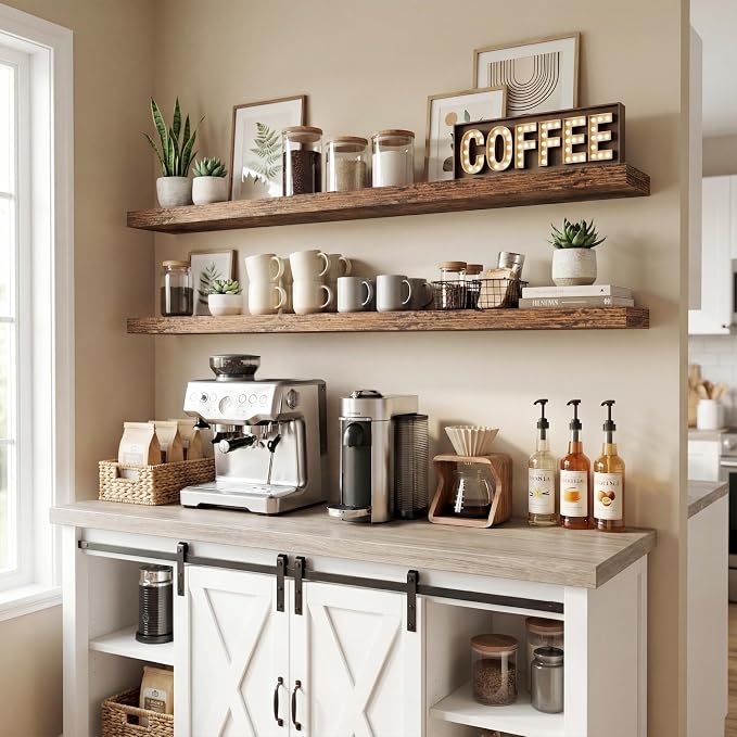 55 inch Floating Shelves for Wall, 9.3in Deep Rustic Shelves Wall Mounted Floating Shelf, Extra Long Wall Shelf for Living Room, Kitchen, Office, Floating TV Stand, 2 Packs