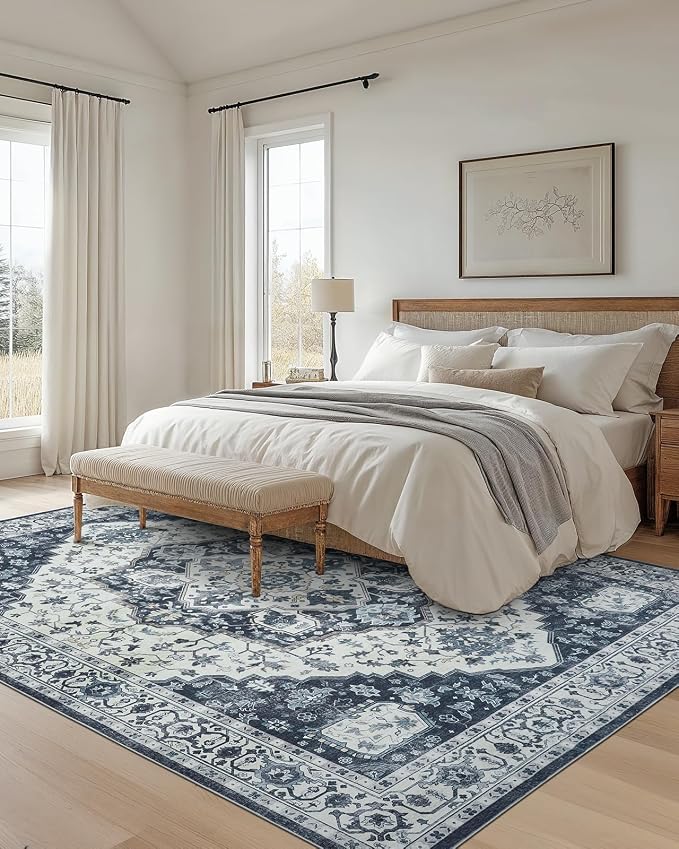 AMADA HOMEFURNISHING 9x12 Area Rug, Washable Low-Profile Large Area Rug with Non-Slip Backing & Durable Edge Binding, Vintage Large Rugs for Living Room, Bedroom