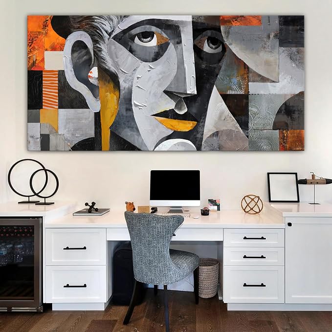 YDYSUNE Extra Large Abstract Wall Art, Geometric Male Portrait Cubism Painting, Grey Face Art Canvas Decor for Living Room & Office, Framed Ready to Hang 29×58 Inch
