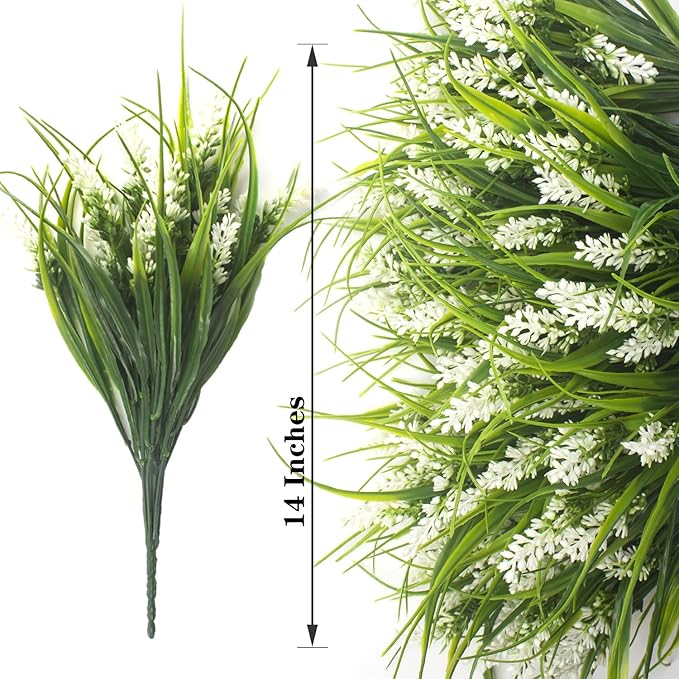 Grunyia 20 Bundles Artificial Plants Outdoor Fake Monkey Grass with Flowers (White)