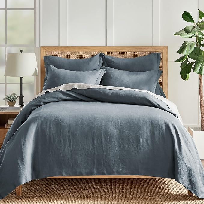 Levtex Home - 100% French Flax Linen - Euro Sham - French Flax Washed Linen - Denim Blue - Sham Size (26x26in.), No Insert