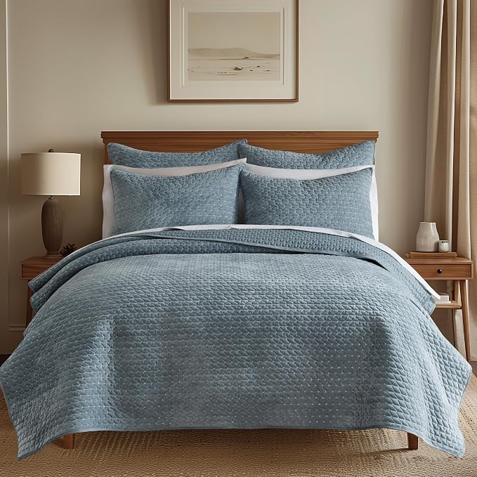 Levtex Home - Velvet Stitch - Euro Sham Set of 2 - Cross Stitch - Chambray and White - (26x26in.), No Insert - Polyester