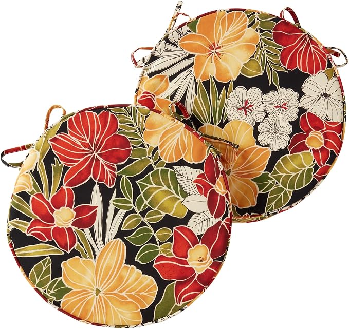 Set of 2 Outdoor 18 inch Round Patio Dining Chair Pads – Comfortable Fiber-Filled Seat Cushions with Ties, Reversible Polyester Fabric, Aloha Black Floral