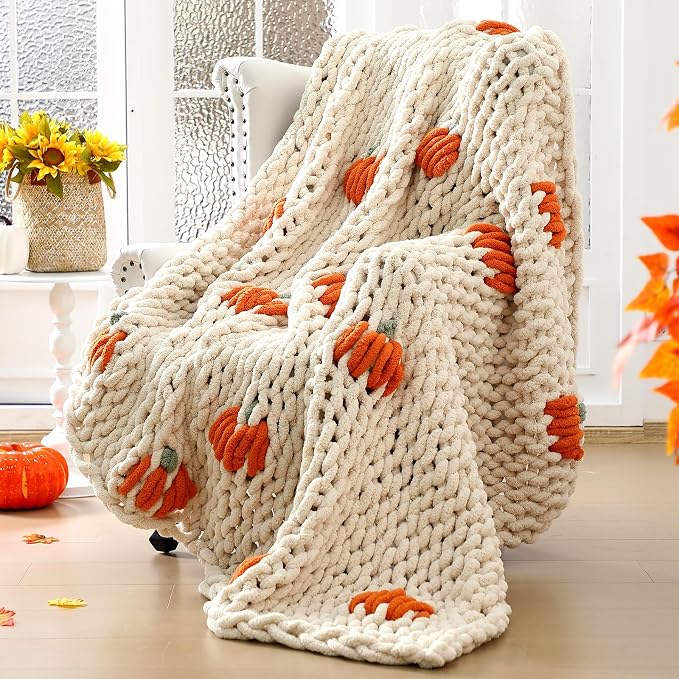 Mindsoft Chunky Knit Throw Blanket Large 50" X 60" 100% Handmade Cream Chenille Loop Yarn Fluffy Soft Knitted Throw Big Cozy Thick Cable Knit Crochet Blanket for Couch Sofa Bed (Orange,Pumpkin)