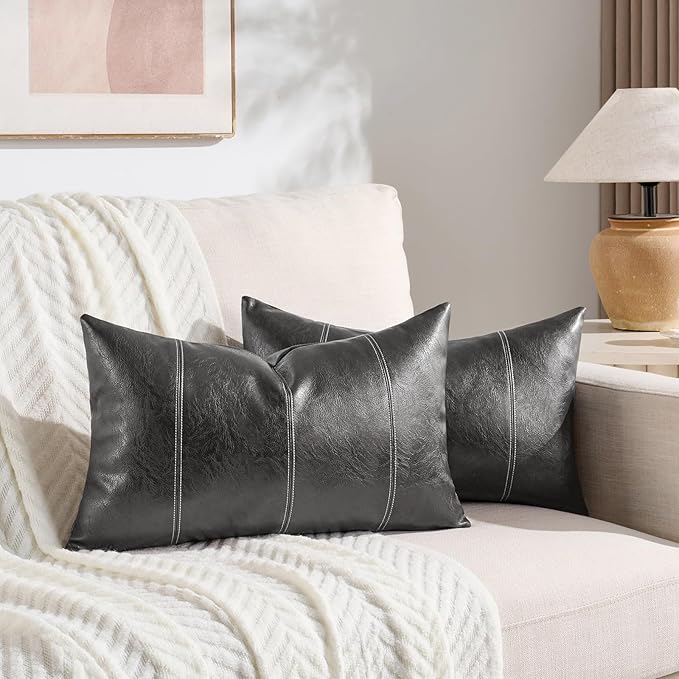 Fancy Homi Dark Gray Lumbar Waterproof Faux Leather Decorative Throw Pillow Covers 12x20 Inch for Outdoor Couch Bed, Modern Farmhouse Boho Home Decor, Charcoal Gray Hand Stitched Cushion Case 30x50 cm
