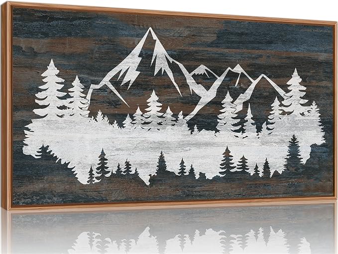 Rantodecor Vintage Mountain Framed Canvas Wall Art, White Snowy Nature Landscape Wall Decor, Rustic Wilderness Forest Art Paintings, Modern Farmhouse Artwork for Bedroom Living Room Office 40"x20"
