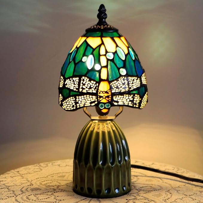 Tiffany Stained Glass Mushroom Table Lamp 12.5 Inch -Yellow Dragonfly | Tiffany Lamp,6X6X12.5 Inch,Small Night Light,Ceramic Base, Mini Accent Light Suitable,Bedside,Bedroom, Children Room,Antique