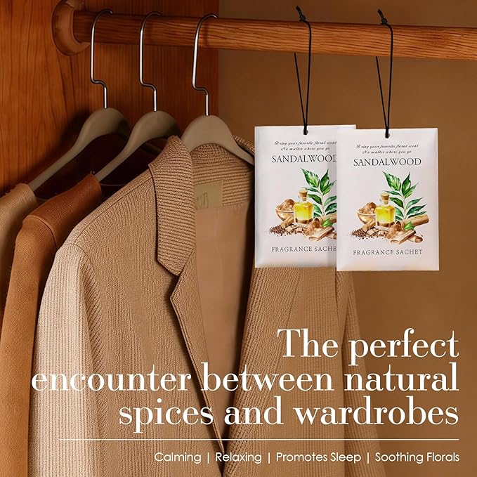 Sandalwood Scented Sachet Bags - 12 Pack Drawer & Closet Freshener, Long Lasting Odor Eliminator for Wardrobes, Cars & Storage, Home Fragrance Air Freshener Sachets