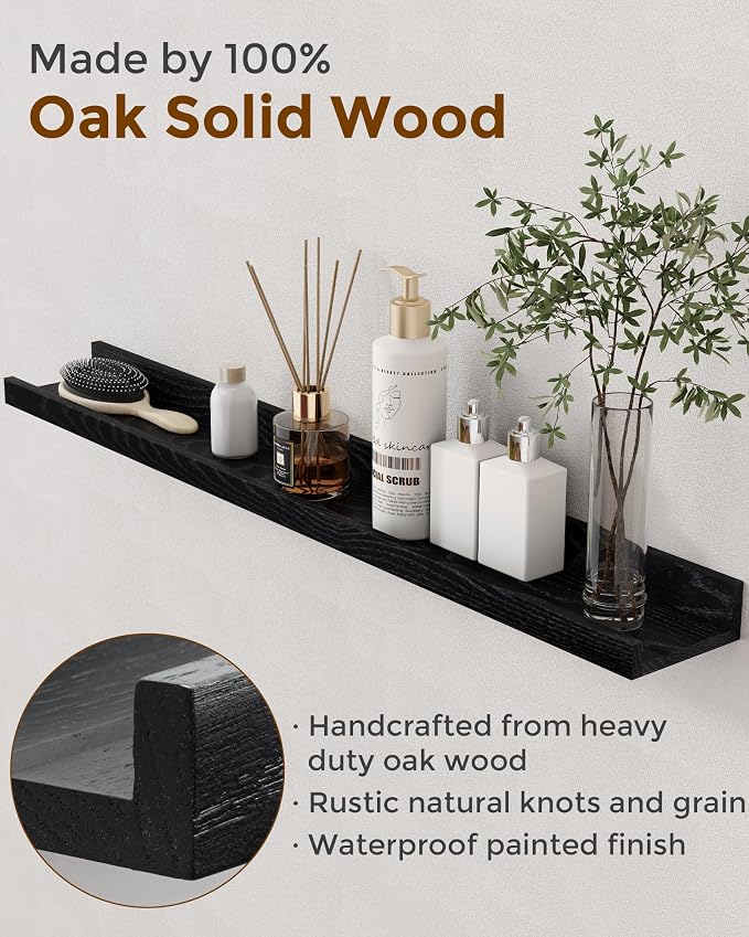 Axeman Oak Picture Ledge Shelf, 24 Inch Floating Shelves Set of 2, Solid Oak Wood Wall Shelves with Lip, Wall Decor Storage for Bedroom Living Room Bathroom Kitchen Nursery Photo Picture, Black