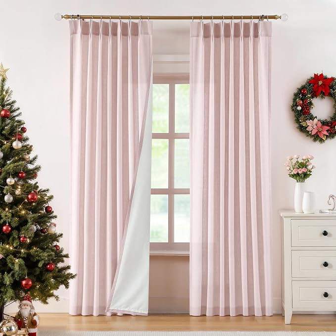 Central Park Pink Pinch Pleat Light Filtering Window Curtain Panels with Microfiber Liner Linen Blended Textured Privacy Drape 95 Inches Long for Living Room Bedroom with Back Tabs Hooks, 40"Wx95"Lx2