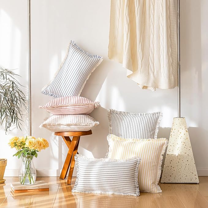 YEENAASY Throw Pillow Covers 26x26 Set of 2 Striped Fringe Pillow Cover Farmhouse Cushion Covers with Tassel Neutral Boho Pillows Decorative Square Pillowcase for Couch Sofa Bed, Grey