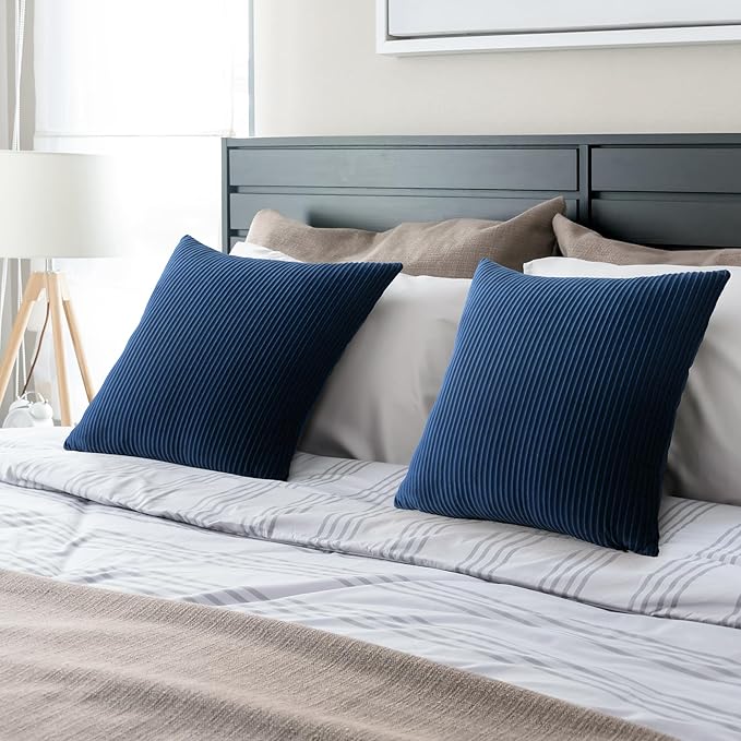 YCOLL Navy Blue Pillow Covers 18x18 Set of 2 Velvet Striped Pattern - Soft Throw Pillows for Home Decor, Luxury Decorative Pillow Covers for Couch, Bed,Living Room