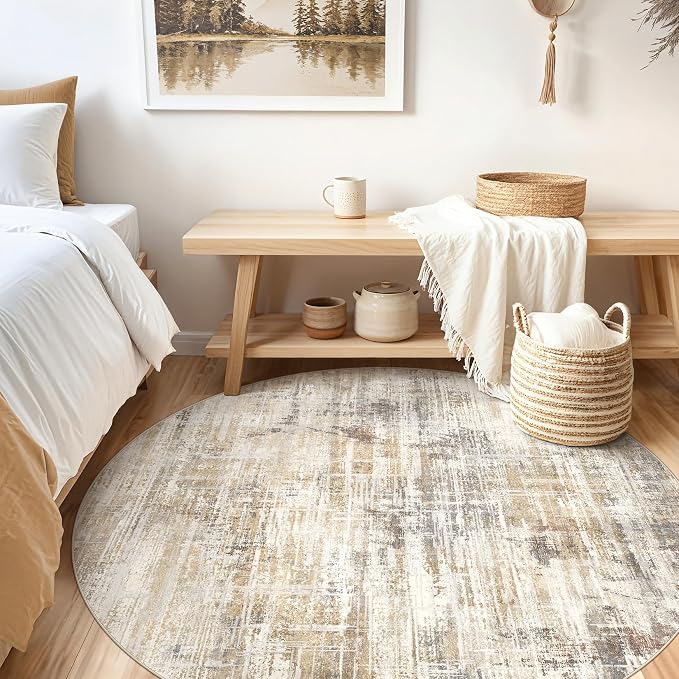 UERMEI 6ft Round Area Rug for Living Room: 6x6 Washable Neutral Abstract Modern Soft Circle Rugs Non Slip Indoor Floor Stain Resistant Carpet for Bedroom Dining Room Office Nursery Golden Brown