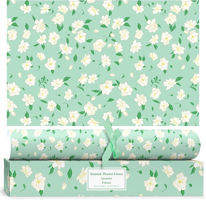 SCENTORINI Jasmine Scented Drawer Liners for Dresser, 6 Sheets Fragrant Drawer Paper Liners Non-Adhesive Paper Sheets for Home Closet, Bedroom Drawers, Kitchen Cabinets Shelf