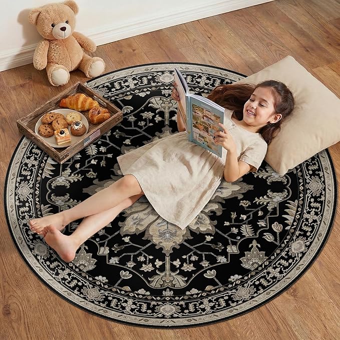 RELEANY Area Rugs 4ft Washable Non-Slip, Floral Vintage Distress Print Pattern Medallion Carpet for Living Room Bedroom Dining Room, Black Brown Neutral Dark Tan