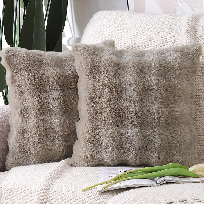 MADIZZ Pack of 2 Thick Plush Faux Wool Throw Pillow Covers Soft Boho Throw Pillows Luxurious Cushion Covers for Couch Sofa Bedroom Living Room Home Decor 18x18 Inch Taupe