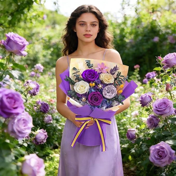 5 Pcs Glitter Purple Preserved Roses Flowers Bouquet, Forever Rose Flowers for Delivery, Birthday Gifts for Women, Long-Lasting Red Roses with Vase Gift Box, Forever Flowers for Wife Mothers Day