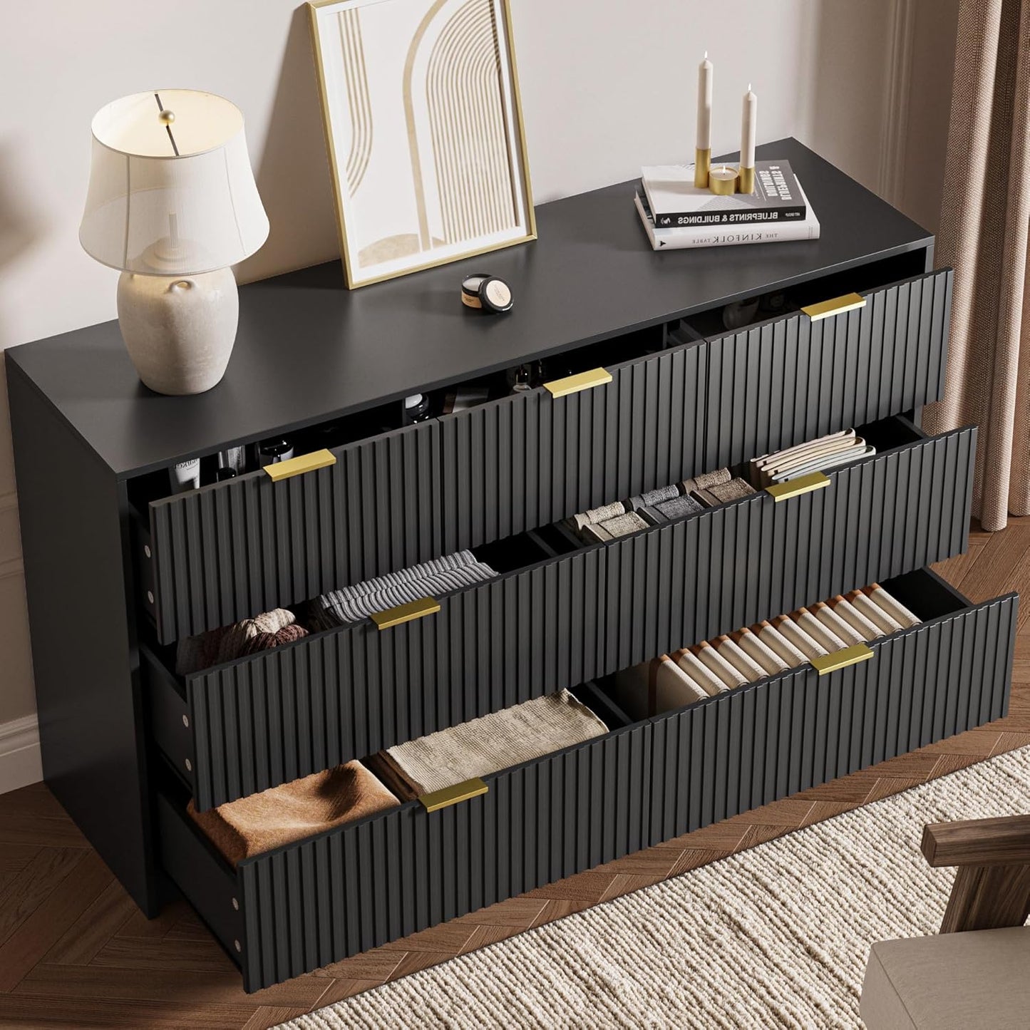 Black 7 Drawer Dresser for Bedroom, Modern Fluted Dresser with Gold Metal Handles, Wide Chest of Drawers for Bedroom, Living Room, Entryway, Hallway, 55.9" L x 15.7" D x 31.4" H