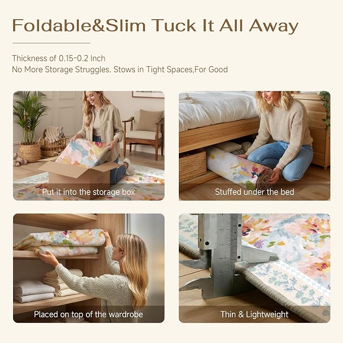 8x8 Washable Area Rug Blue Living Room Bedroom Floral Throw Rug Abstract Modern Non Slip Soft Low Pile Large Carpet for Dining Room Office Nursery Indoor