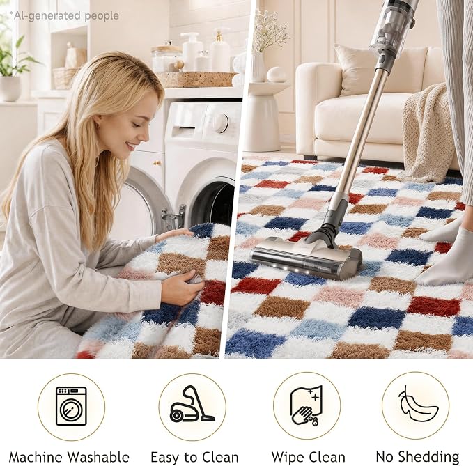 Ophanie Checkered Rainbow Rug for Living Room Bedroom,Colorful Fluffy Soft Cute Fuzzy Area Rugs,Shag Plush Shaggy Bedside Floor 8x10 Furry Carpet for Kids Teen Dorm Decor with Over 99 pcs Pile fibers