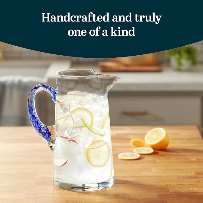 Libbey Cabos Glass Water Pitcher, 90 Oz Handcrafted Drink Pitchers with Spout and Blue Handle, Artisan-Inspired Glass Water Jar for Tables, Kitchen