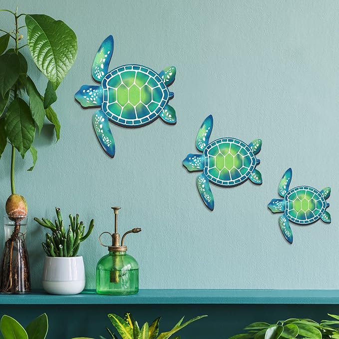 Bucherry 3 Sizes Wooden Sea Turtle Wall Decor Turtle Wall Art Beach Theme Art Decorations Vintage Coastal Ornaments for Pool Home Lake House Bathroom Garden Indoor Outdoor(Blue Green)