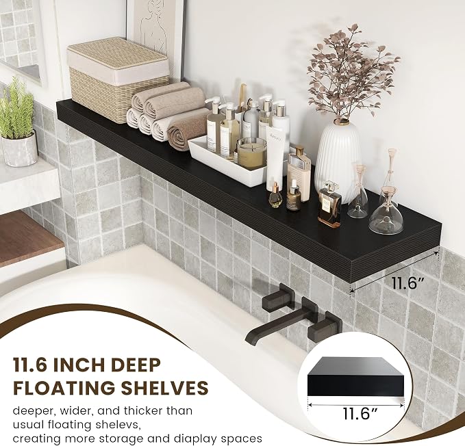 FLYJOE Deep Floating Shelves, 55 Inch Black Shelves Set of 1 | 12 Inch Deep Shelves for Wall, 55'' x 12'' Rustic Black Wood Shelves for Bathroom Living Room Laundry Room Kitchen