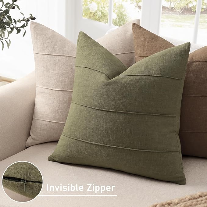 ZWJD Christmas Linen Throw Pillow Covers 16x16 Set of 2 Solid Handcrafted Striped Cushion Covers for Bed Soft Xmas Decorative Pillow Covers for Couch Bedroom Living Room Christmas Decor(Olive Green)