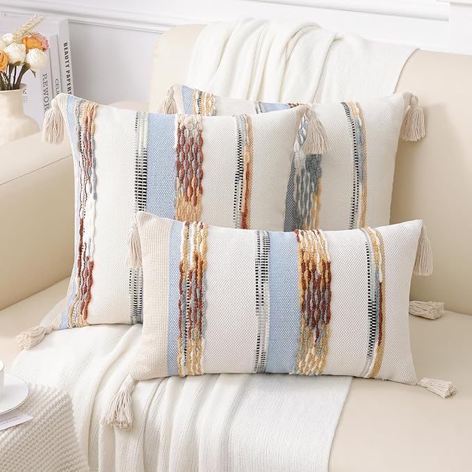 Simmore Boho Decorative Throw Pillow Covers 12x20 Set of 2, Tufted Farmhouse Pillow Covers with Tassels for Cozy Bohemian Couch Sofa Bedroom Home Decor, Blue