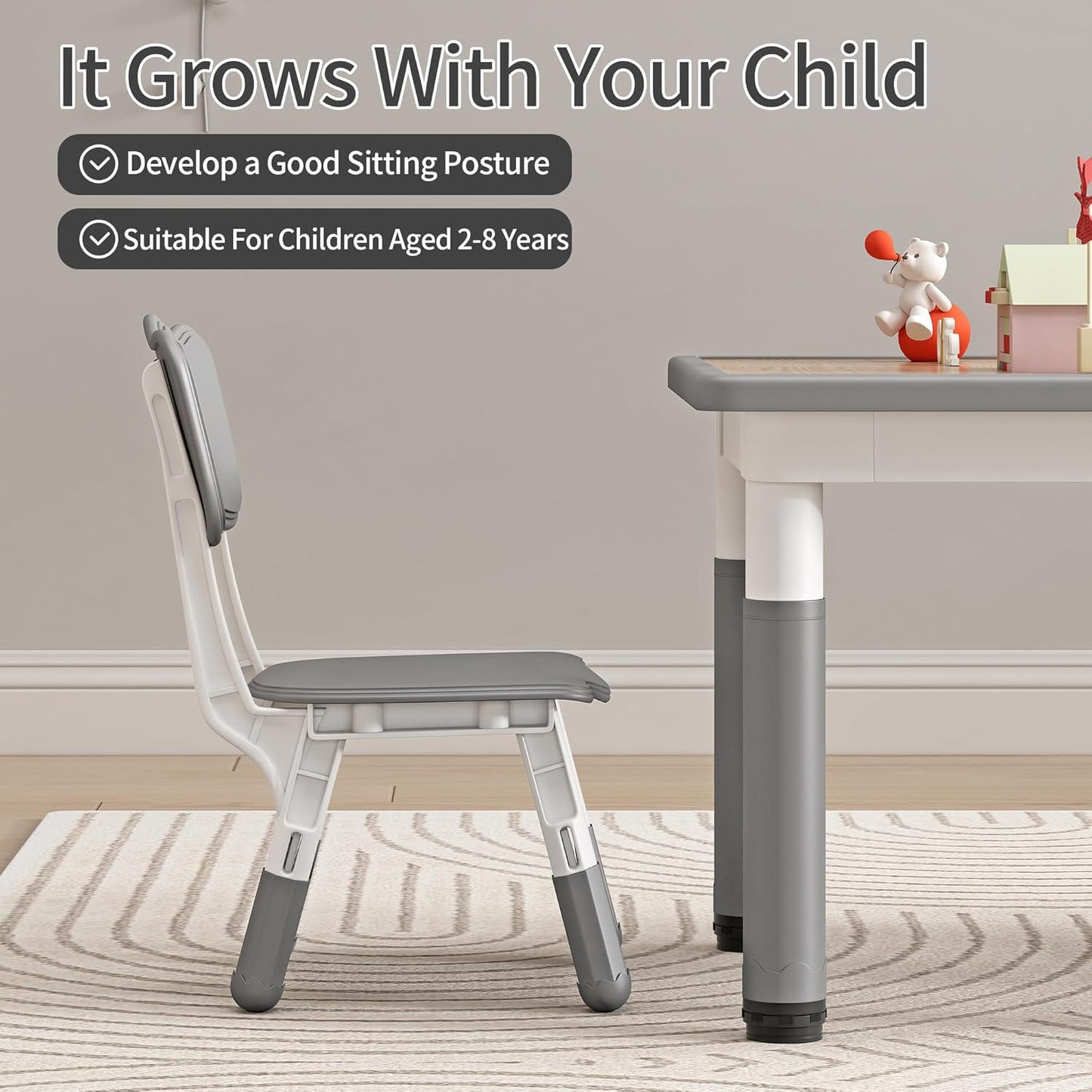 Kids Table and Chairs, Height Adjustable Childrens Table and Chair Set, Kids Tables for Age 2-8, Graffiti Desktop, Table for Kids with 2 Seats, Small Kids Table, Max 300lbs, Grey