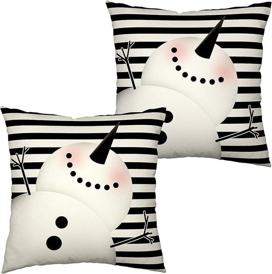 Lovely Snowman Pillow Covers 18x18 Set of 2 Winter Holiday Cold Pillow Case Black and White Striped Throw Pillow Covers Cotton Linen Pillowcase for Indoor Outdoor Decor Car