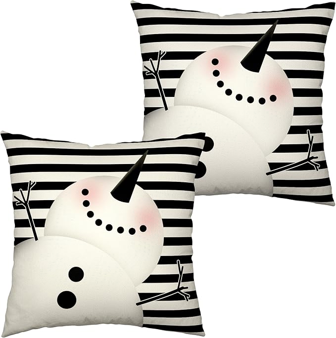 Cute Snowman Decoration Pillow Covers 20x20 Winter Black and White Striped Throw Pillowcases Two Sides Print Cotton Linen Cushion Case for Home Decor Couch Sofa 2 Pack