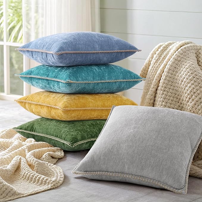 decorUhome Chenille Soft Cozy Throw Pillow Covers 16x16 Set of 2, Modern Farmhouse Boho Velvet Decorative Pillow Cases with Stitched Edge for Couch Sofa Bed Home Decor, Forest Green