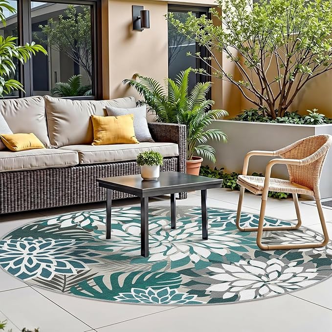 Colorful 6FT Outdoor Round Area Rug Washable Rugs Multicolored Patio Rug Tropical Botanical Floral Chenille Waterproof Outdoor Carpet for RV, Pool Deck, Backyard, Porch, Teal