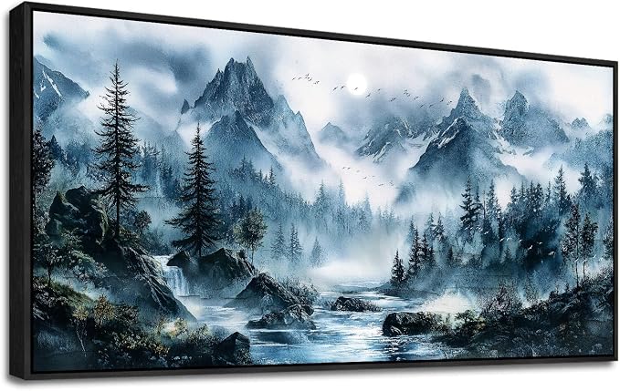 ERQINHUA Wall Decor For Bedroom Office Canvas Wall Art For Living Room Decorations Misty Forest Wall Paintings Tree Landscape Artwork Picture Modern Home Decor Ready To Hang Black Framed 20x40 In