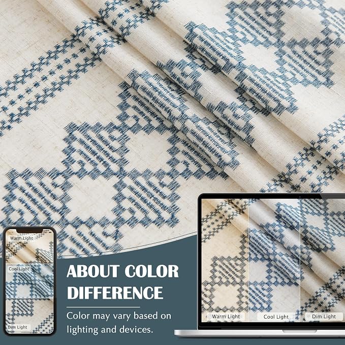jinchan Boho Curtains Linen Blend Beige Farmhouse Curtains 84 Inches Long for Living Room Blue Square Embroidered Bordered Back Tab Bedroom Window Light Filtering Bohemian Drapes 2 Panels
