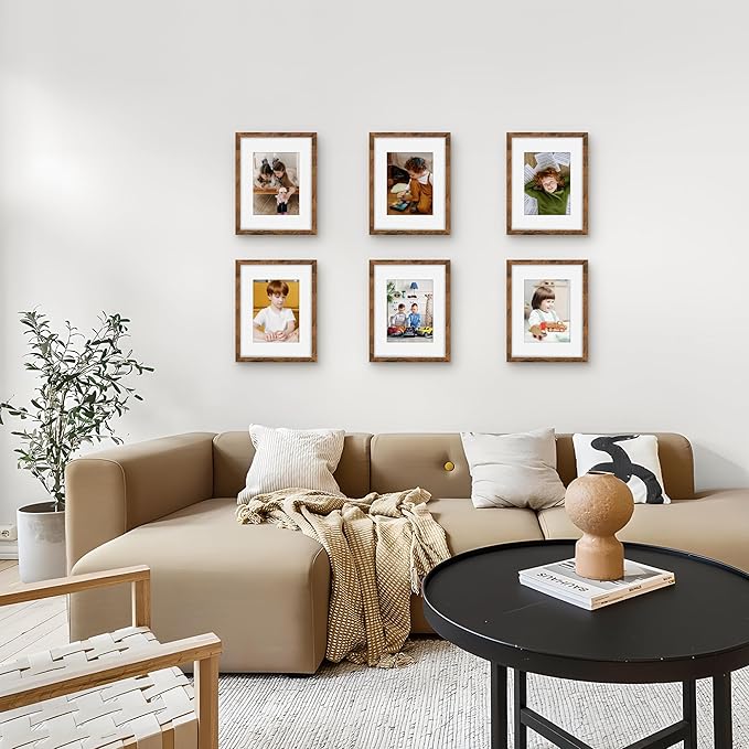 Picrit 8.5x11 Picture Frame Set of 12, Display 6x8 with Mat or 8.5 x 11 without Mat, Photo Frames for Wall Mounting or Table Top Display, Brown